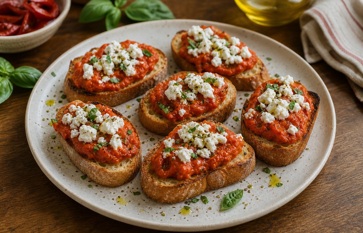Crostini con crema di peperoni e feta