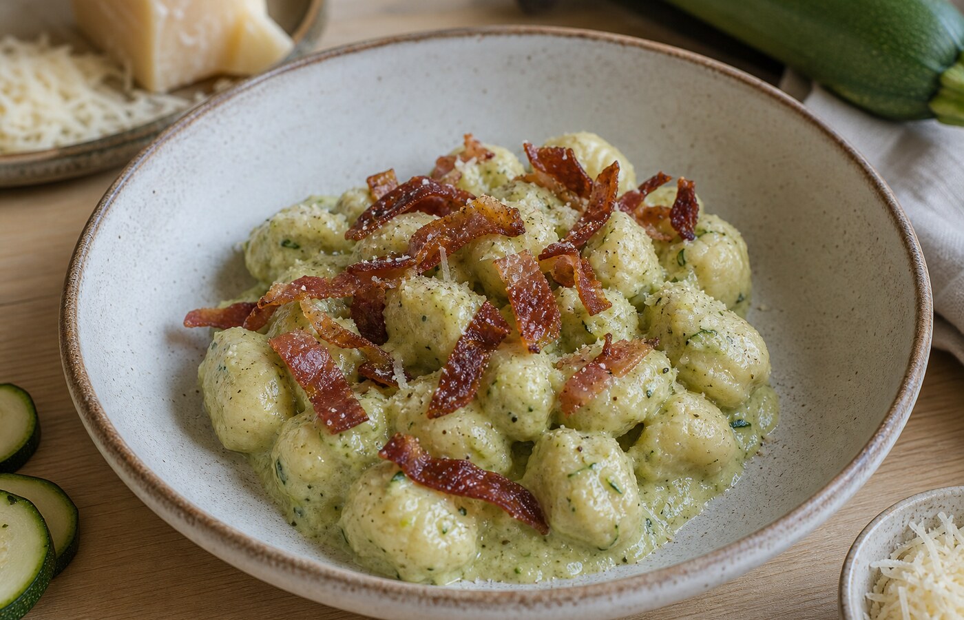 Gnocchi con crema di zucchine e speck