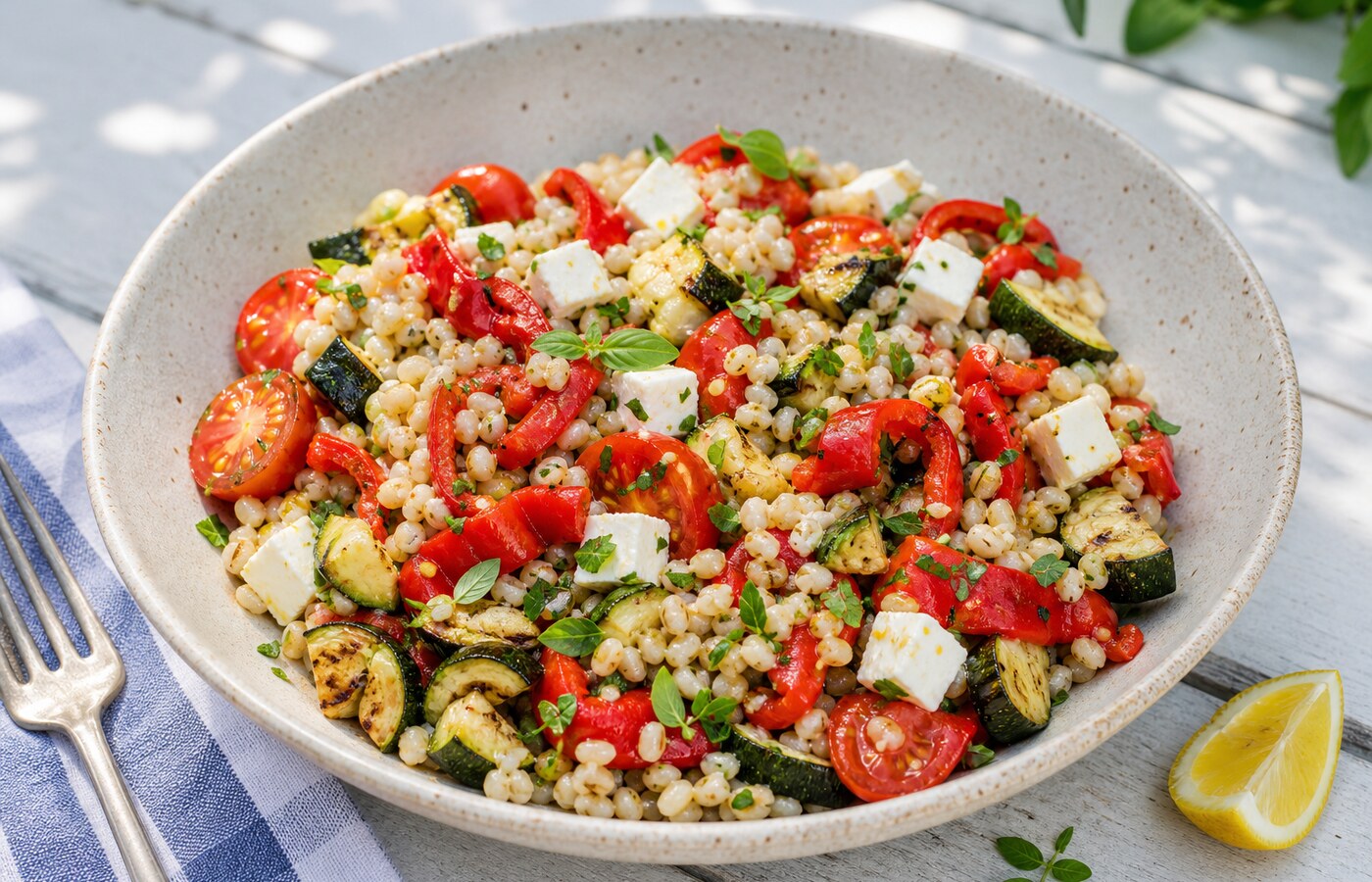 Orzo freddo con verdure e feta