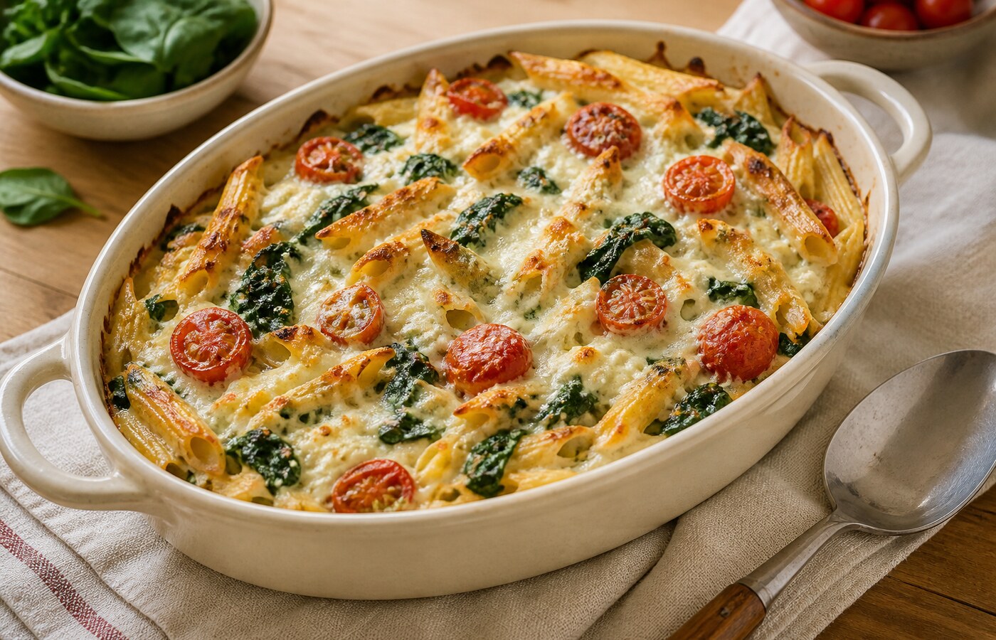 Pasta al forno con ricotta spinaci e pomodorini