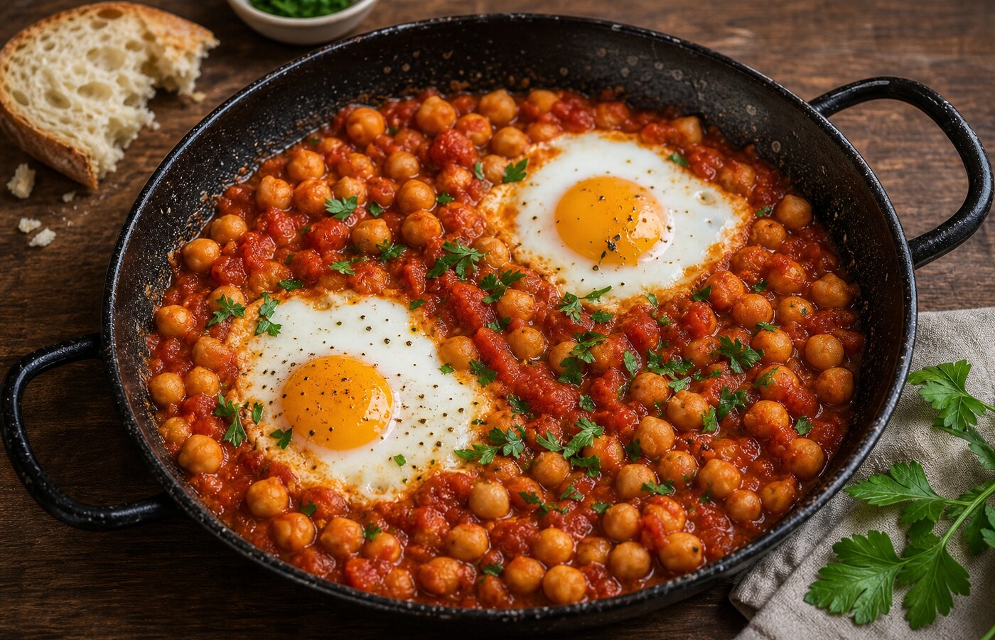 Uova al pomodoro con ceci in padella